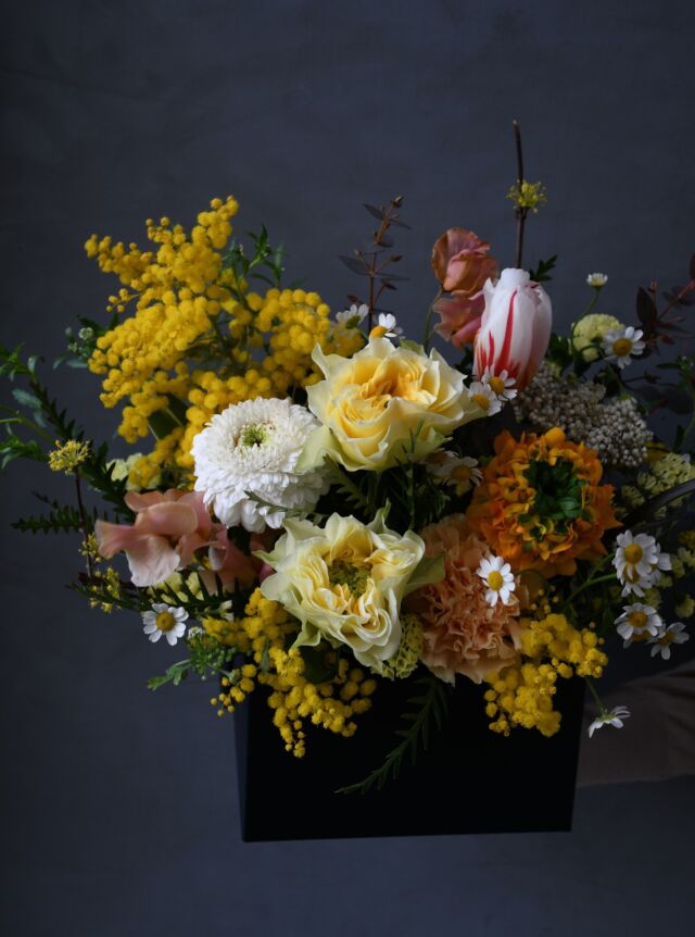 .

#ミモザ 
#ラナンキュラス 
バラは#レモンフォセット 

ふわもこミモザが主役の
春めくボックスアレンジ。

花それぞれの香り、
チューリップが開いていく移ろい。
季節がひと箱にぎゅっと詰まっています。

#春の花
#アレンジメント
#arrangement 
#熊本花屋
#花くらぶ