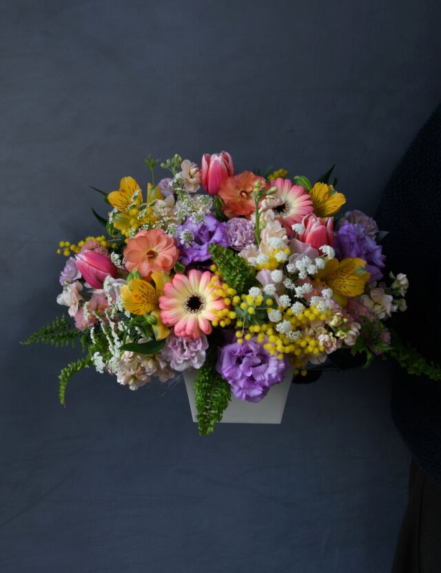 .

パステル系のアレンジメント。
お母様のお誕生日にとオーダー頂きました。

マットな風合いと
レースフラワーやミモザのふわふわ感で
小春日和のようなイメージに。

店内はミモザでいっぱいです。
３月８日は
#ミモザの日
#国際女性デー

まばゆい黄色の花を飾って
気分を高めてください♡♡

#アレンジメント
#誕生日プレゼント 
#熊本花屋
#花くらぶ