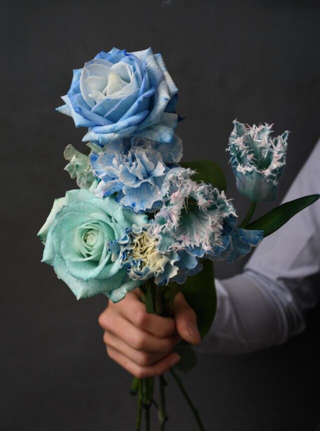 .

青染めの花たちで
ブルー系花束を。

淡いピンクとの組み合わせで
キュートな感じにしたり、
思いっきりシックにかっこよくしたり。
幅が広がります。

※ブルー系は、
花の入荷次第で当日のご予約を承れない場合がございます。
はやめのご相談をお願いいたします！

#染め花 
#青バラ 
#青い花 
#熊本花屋
#花くらぶ
#花染め研究